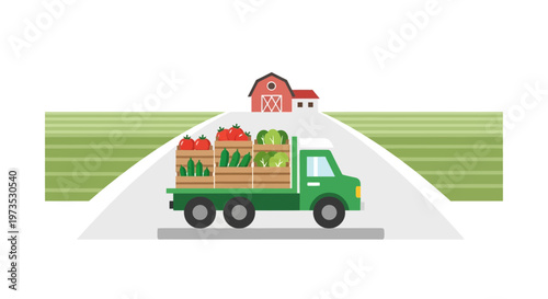 Green truck carrying fresh produce.