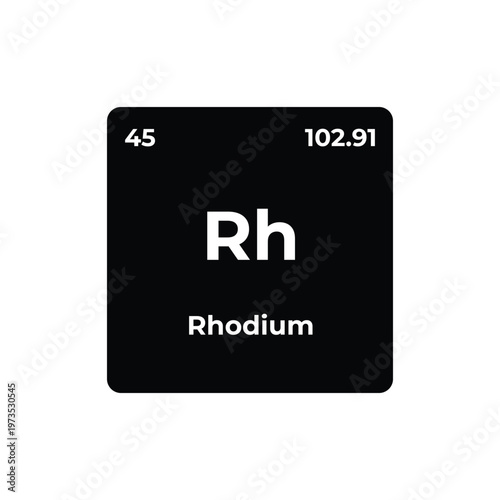Rhodium chemical element (Rh), atomic number 45, periodic table tile with atomic weight, minimal black square design, chemistry, science, periodic table, rhodium, element.