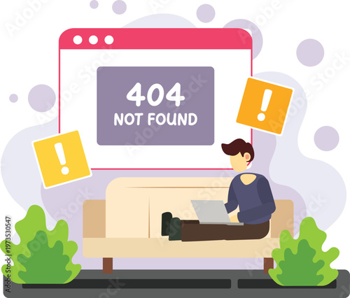 Man using laptop facing 404 error page illustration
