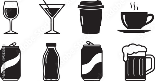 Collection of various drink icons in black and white