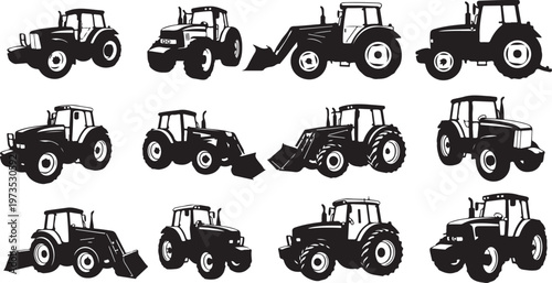 Collection of tractor silhouettes in various positions and angles