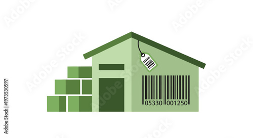 Green warehouse with barcode label.