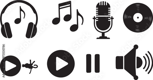 Music and audio icons in black and white vector