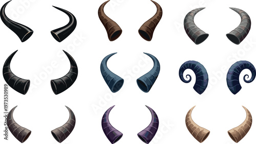 Fantasy vector illustration of assorted horns collection with colorful decorative creature design elements