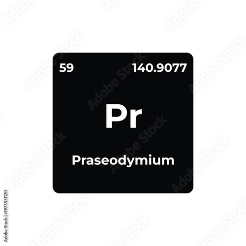 Praseodymium periodic table element tile with symbol Pr and atomic number 59, minimal chemistry icon representing a rare earth metal used in science research, atomic study, and chemistry education.