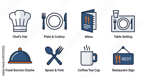 Modern flat design vector illustrations of essential restaurant and dining equipment, perfect for culinary business branding and digital applications