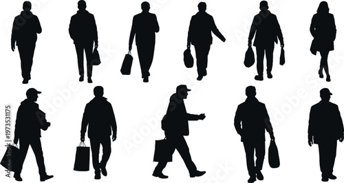 People walking silhouette collection with shopping bags men and women urban lifestyle set isolated on white background retail activity concept