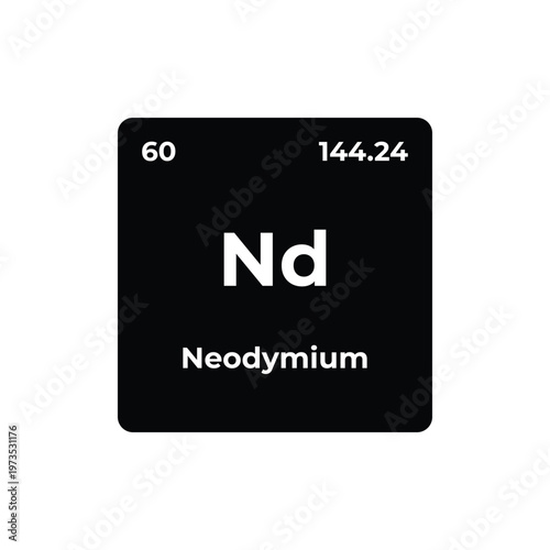 Neodymium periodic table element tile showing symbol Nd and atomic number 60, minimal chemistry icon representing a rare earth metal used in science, atomic research, and chemistry education.