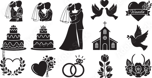 Wedding icons and symbols in black and white silhouette