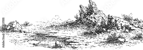 Rocky desert landscape with sparse vegetation and rugged terrain in black ink drawing