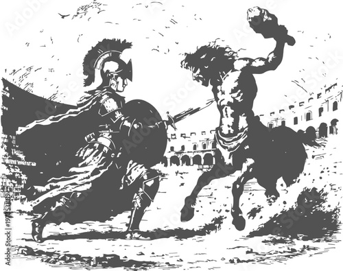 Ancient gladiator fighting centaur in arena battle scene mythical combat clash and heroic struggle