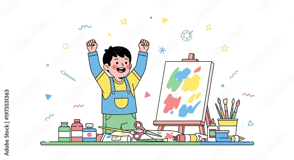 Fototapeta premium Joyful Child Artist Celebrating Creativity with Painting Supplies and Easel
