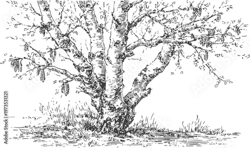 Detailed black and white pen illustration of a mature birch tree trunk and branches in natural setting