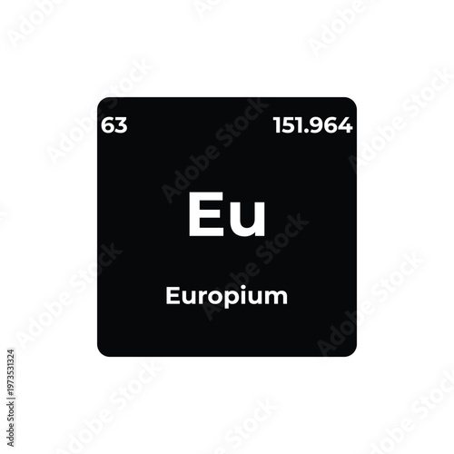 Europium periodic table element tile with symbol Eu and atomic number 63, minimalist black square design for chemistry, science, education, research, and STEM visuals.
