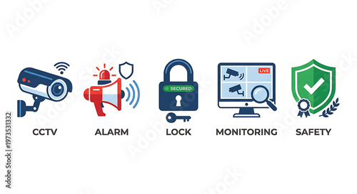 Collection of security icons CCTV camera, alarm, lock, monitoring screen, and safety shield symbol representing protection and surveillance systems