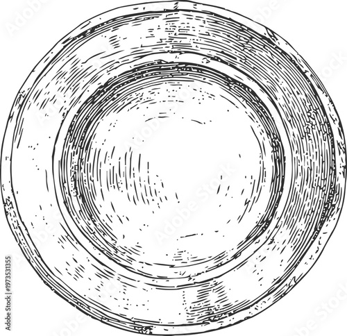 Vintage round plate top view sketch hand drawn empty ceramic dish illustration rustic kitchenware outline drawing