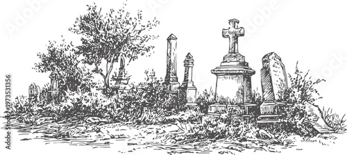 Old cemetery scene with weathered gravestones and crosses surrounded by overgrown bushes and trees