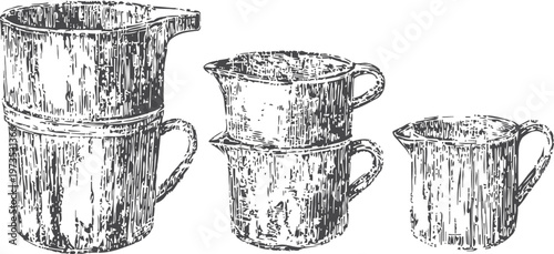Vintage rustic measuring cups set kitchen utensils drawn in engraving cooking and baking tools collection
