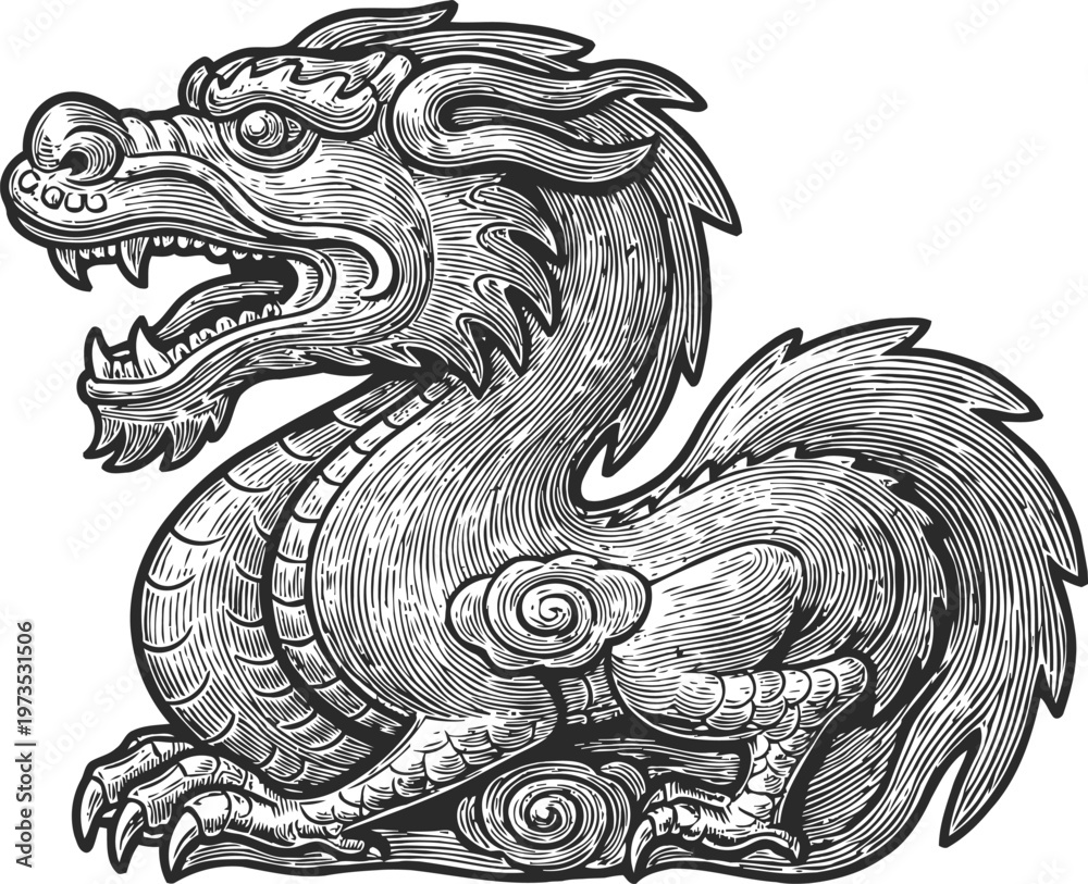 Obraz premium Intricate black and white dragon engraving art with detailed scales and fierce expression
