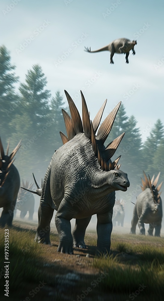 Fototapeta premium Stegosaurus dinosaurs in forest habitat.