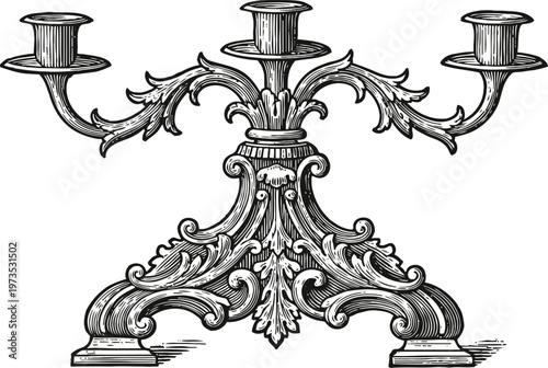 Ornate vintage candelabrum with three candle holders detailed engraving black and white illustration