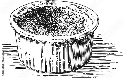 Classic ceramic ramekin dish filled with food, isolated vintage ink drawing side view illustration