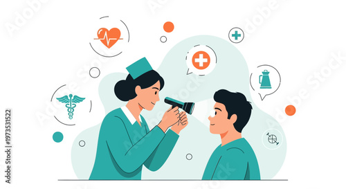 Ophthalmologist examining patient's eye with ophthalmoscope, medical icons, healthcare concept