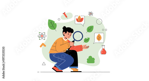 Scientist examining plant leaves with magnifying glass, studying botany and nature