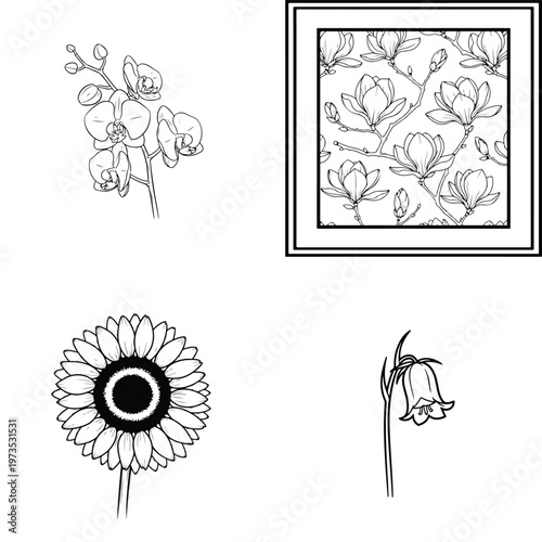 Orchid sprigs, magnolia pattern in frame, sunflower, and bellflower vector illustrations