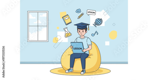 Student learning online, sitting on beanbag with laptop, educational icons floating around