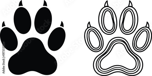 Black silhouette and outline of a predator paw print with sharp claws on white background Vector
