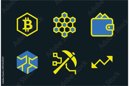 Cryptocurrency and digital finance icons collection featuring mining tools bitcoin wallets blockchain networks and growth chart graphics