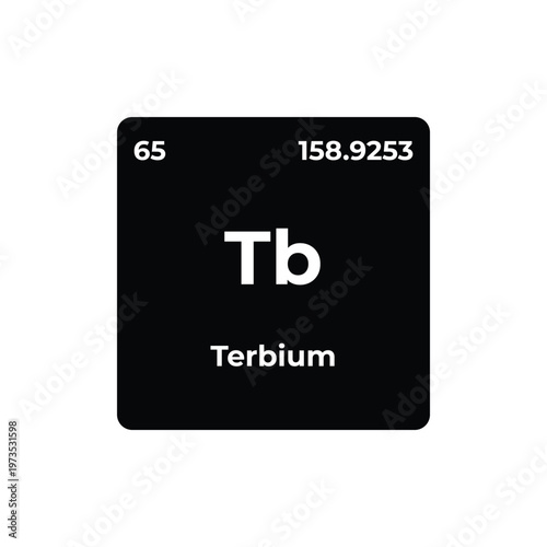 Terbium element tile from periodic table, minimalist black square showing Tb symbol, atomic number 65 and weight, ideal for chemistry, science, and metal visuals.