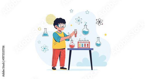 Young boy in safety goggles conducts a science experiment with colorful liquids in test tubes