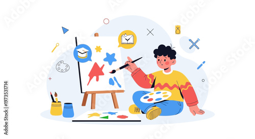 Young boy painting on canvas, creative art hobby, education and inspiration concept