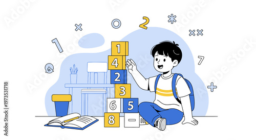 Young boy learning numbers and math with blocks, educational concept