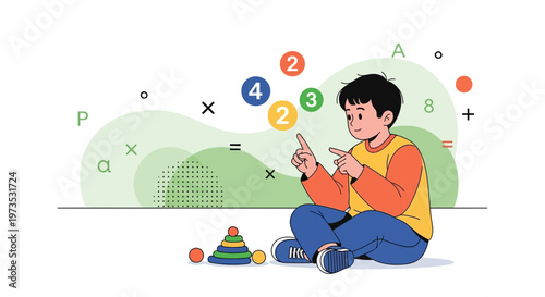Young boy learning math, counting fingers with numbers and toys