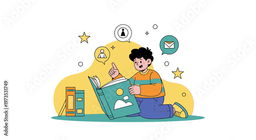 Young boy reading a book, imagination and learning concept, colorful illustration