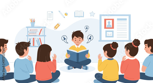 Young boy reading aloud to attentive classmates in a classroom setting, fostering imagination