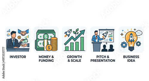 Illustrative collection showcasing key stages of business development investment, funding, growth strategies, pitch presentations, and innovative startup ideas