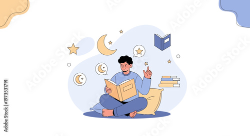 Young man reading a book at night, surrounded by moon and stars, symbolizing education and imagination