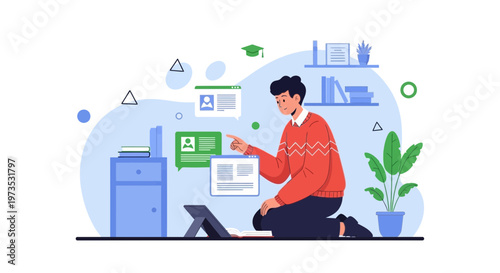 Young man learning online, interacting with digital interfaces and educational content