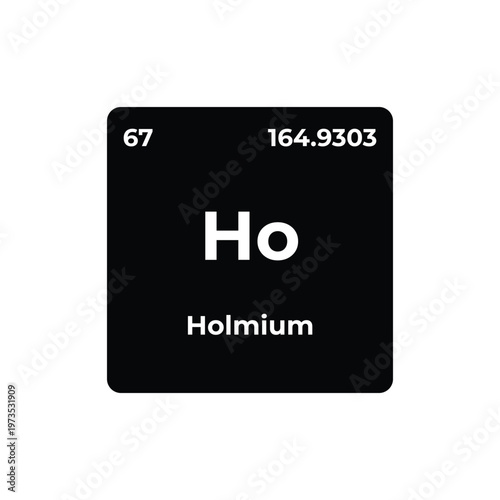 Holmium element tile from periodic table showing atomic number 67 and symbol Ho, minimalist black square design for chemistry, science, and education visuals.