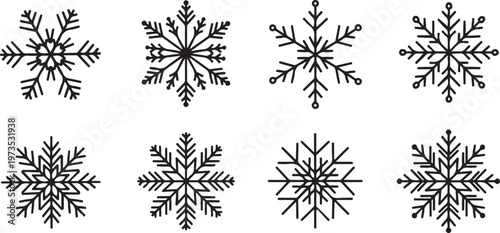 Collection of unique black snowflakes on white background illustration
