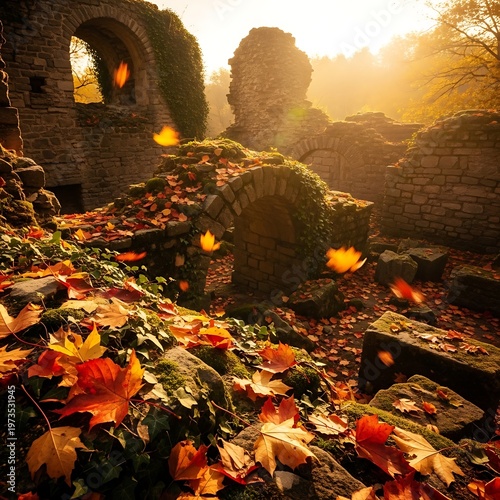 Autumn leaves glow in ancient ruins at sunrise, mystical forest scene.