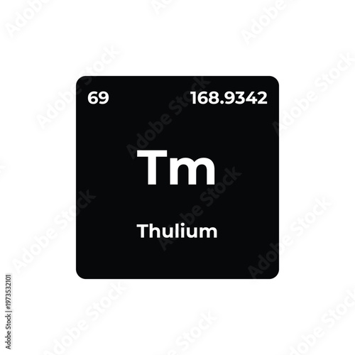 Thulium element tile from periodic table, minimalist black square with Tm symbol, atomic number 69 and weight, ideal for chemistry, science, and metal visuals.