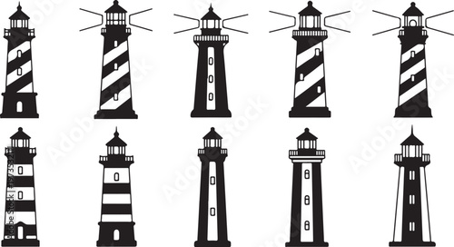 Collection of various lighthouse designs and patterns illustration set
