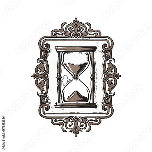 Vintage ornate hourglass in decorative frame.