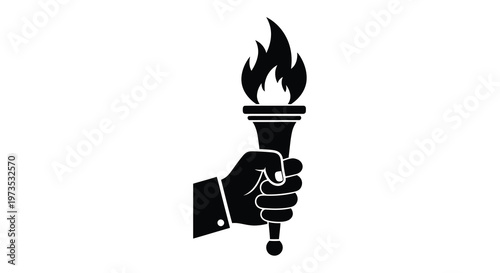 A hand firmly holding a lit torch presented in a stark black silhouette