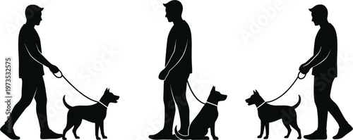 Man walking dog silhouettes set, pet owner with leash, different poses, outdoor activity, canine training concept, black white vector, isolated illustration design